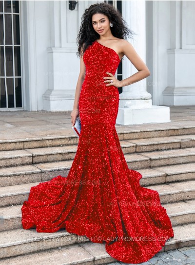 Red Mermaid Sequence One Shoulder Long Prom Dresses 2025