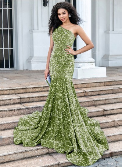 Sage Mermaid Sequence One Shoulder Long Prom Dresses 2025