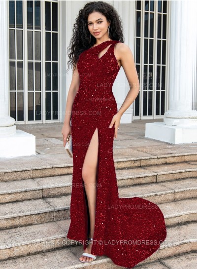 Burgundy A Line One Shoulder Sequence Side Slit Long Prom Dresses