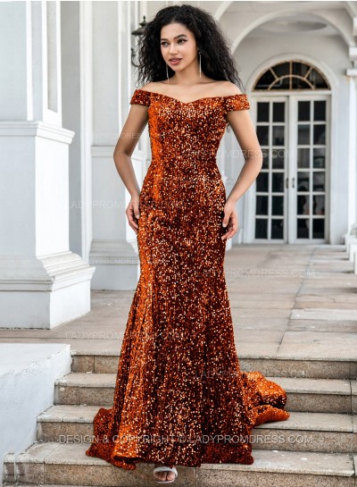 Orange Sequence Long Off The Shoulder Long Prom Dresses