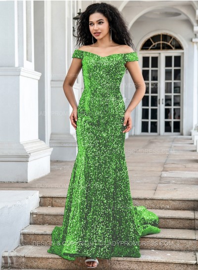 Sage Sequence Long Off The Shoulder Long Prom Dresses