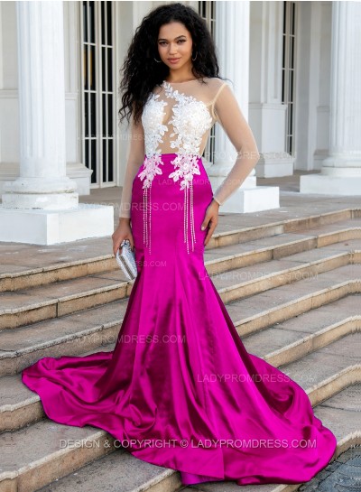 Fuchsia Sheath/Column Silk Like Satin Long Sleeves Prom Dresses With Appliques