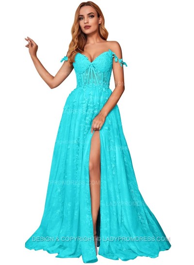 Blue A Line Off Shoulder Side Slit Tulle With Appliques Lace Prom Dresses