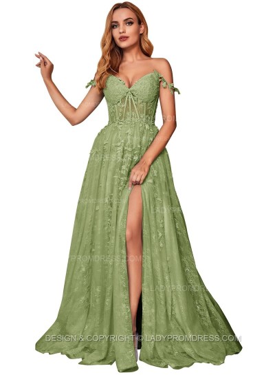 Sage A Line Off Shoulder Side Slit Tulle With Appliques Lace Prom Dresses