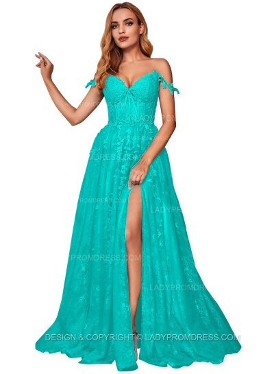Teal A Line Off Shoulder Side Slit Tulle With Appliques Lace Prom Dresses