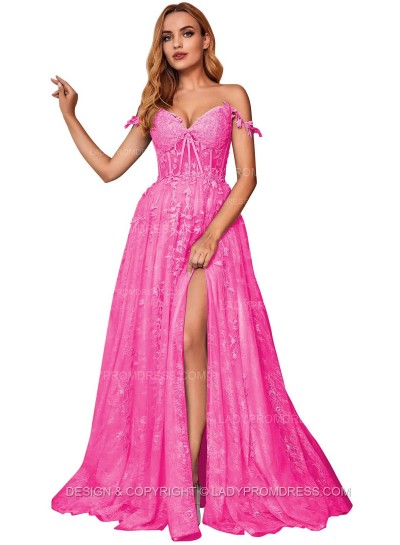 Hot Pink A Line Off Shoulder Side Slit Tulle With Appliques Lace Prom Dresses
