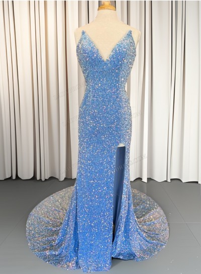 2025 Sheath Blue Sweetheart Sequence Strapless Side Slit Prom Dresses