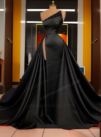 A Line Satin Side Slit Long Beaded Black Prom Dresses 2025