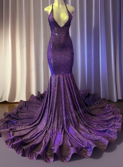 Purple Sheath Halter Corset Back Sequence Long Prom Dresses 2025