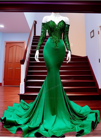 2025 Mermaid Emerald Green Long Sleeves Off Shoulder Prom Dresses With Appliques