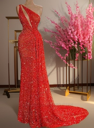 Sheath Red Sequence Long One Shoulder 2025 Prom Dresses