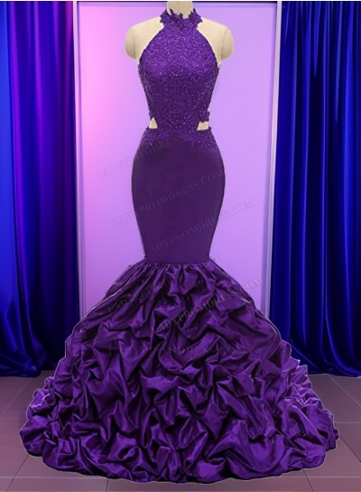Mermaid Purple High Neck Open Back Silk Like Satin Long Prom Dresses 2025