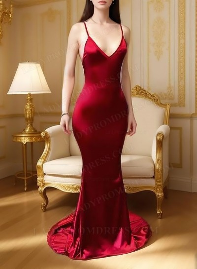 2025 New Arrival Red Mermaid V Neck Backless Elastic Satin Prom Dresses
