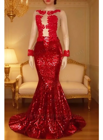 2025 Red Mermaid Sequence Long Sleeves Scoop See Through Prom Dresses