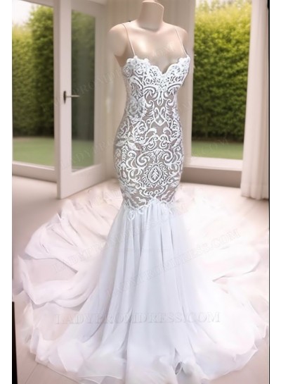 2025 Sexy Mermaid Sweetheart White Chiffon Lace Spaghetti Straps Prom Dresses