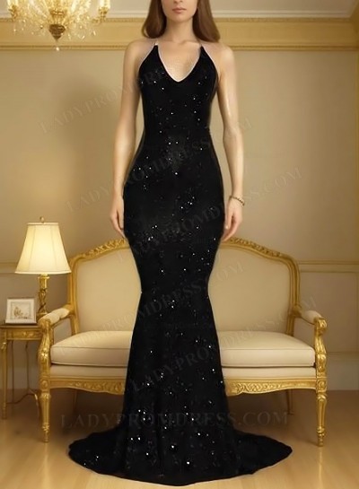 Sexy 2025 Black Halter Mermaid Sequence Backless Prom Dresses