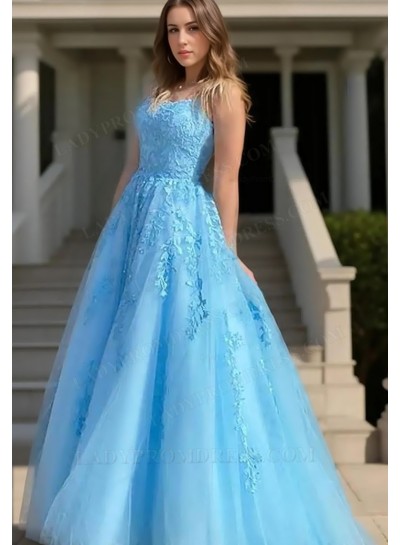 2025 A-Line Princess Tulle Appliques Spaghetti Straps Sleeveless Sweep/Brush Train Prom Dresses