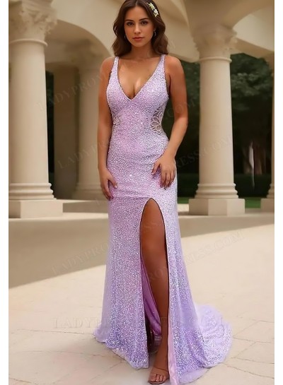 2025 Sheath/Column Sequins V-neck Sleeveless Sweep/Brush Train Prom Dresses
