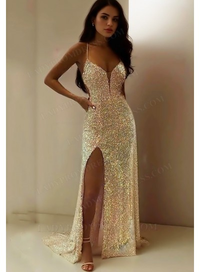 2025 A Line Spaghetti Straps Gold Long Prom Dresses