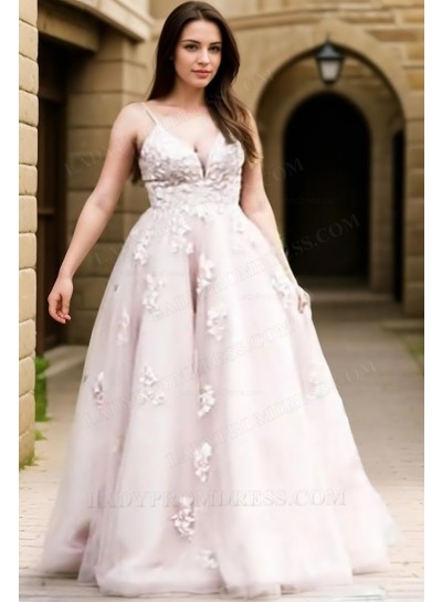 2025 Spaghetti Straps Pearl Pink Ball Gown Tulle Prom Dresses