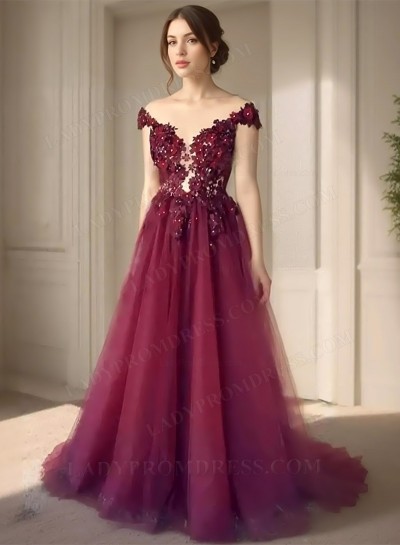 2025 A-Line Princess Tulle Appliques off-the-Shoulder Sleeveless Sweep/Brush Train Prom Dresses 