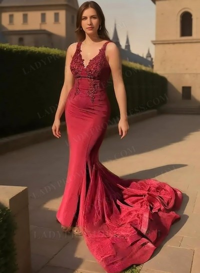 2025 Trumpet/Mermaid Satin Appliques V-neck Sleeveless Sweep/Brush Train Prom Dresses