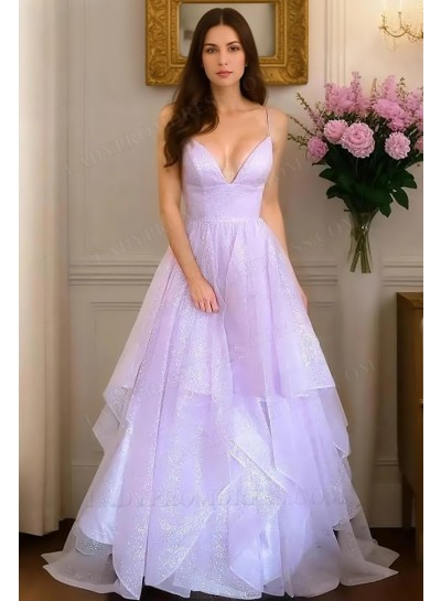 2025 A-Line Princess Sequins V-neck Sleeveless Sweep/Brush Train Prom Dresses