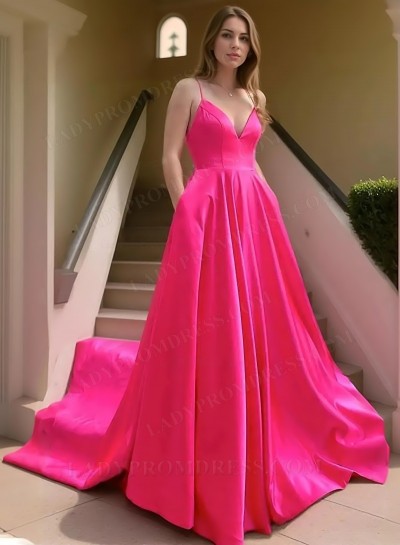 2025 A-Line Princess Silk Like Satin Spaghetti Straps Sleeveless Sweep/Brush Train Prom Dresses 