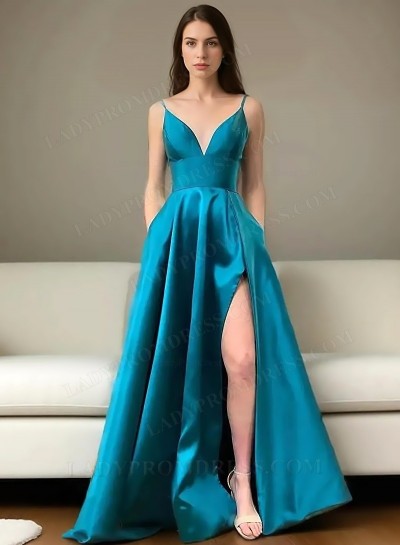 2025 A-Line Princess Silk Like Satin V-neck Sleeveless Sweep/Brush Train Prom Dresses