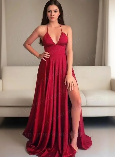A-Line Princess Satin Halter Ruched Sleeveless Sweep/Brush Train Prom Dresses