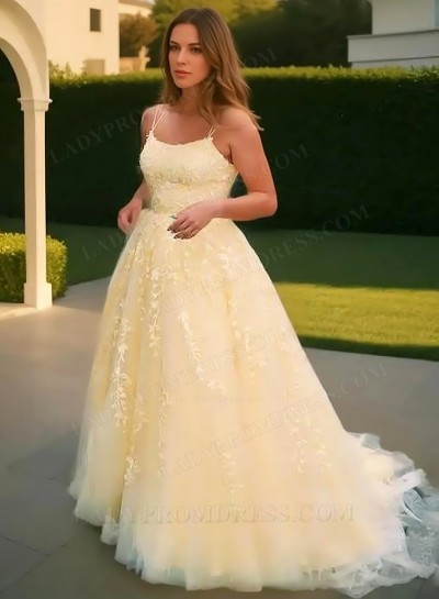 2025 Ball Gown Tulle Spaghetti Straps Appliques Sweep/Brush Train Prom Dresses