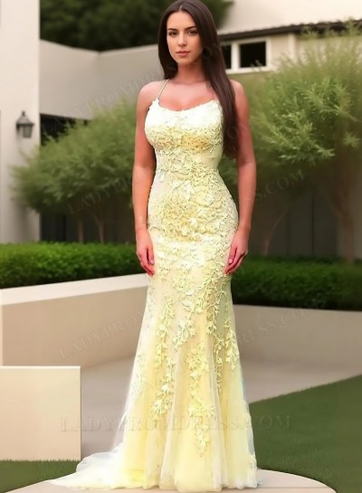 2025 Sheath/Column Tulle Halter Appliques Lace up Sweep/Brush Train Prom Dresses