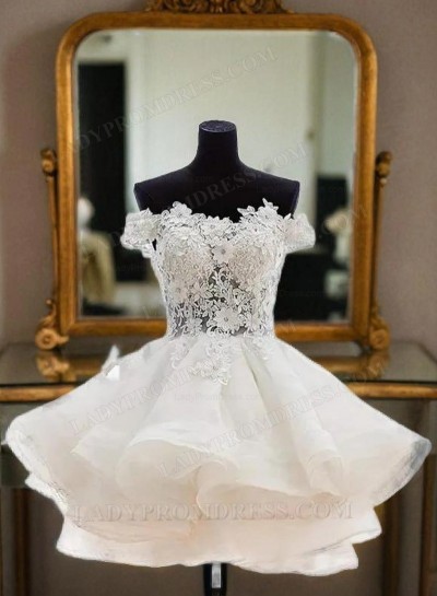 Ball Gown Botton Layer Applique Beading Off-The-Shoulder Cut Short Mini Homecoming Dresses