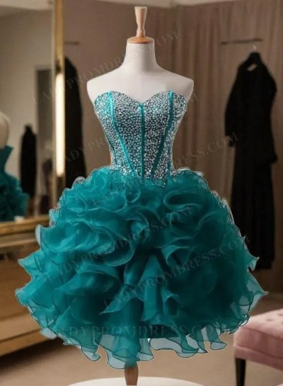 Ruffles Ball Gown Strapless Sweetheart Backless Rhinestone Organza Teal Homecoming Dresses