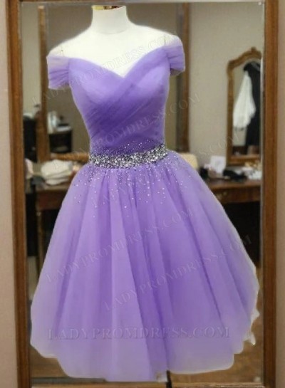Off The Shoulder V Neck Lilac Rhinestone A Line Tulle Pleated Ruched Homecoming Dresses