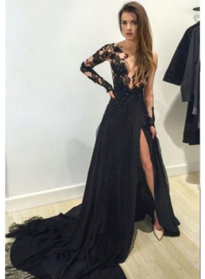 2025 Black V-Neck Court Train A-Line/Princess Tulle Prom Dresses