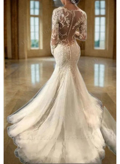 Tulle Sweep Train Trumpet/Mermaid Long Sleeve V-Neck Covered Button Wedding Dresses / Gowns With Appliqued