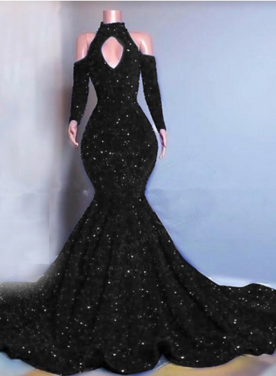 Black Long Sleeves Mermaid Sequins Prom Dresses 2025