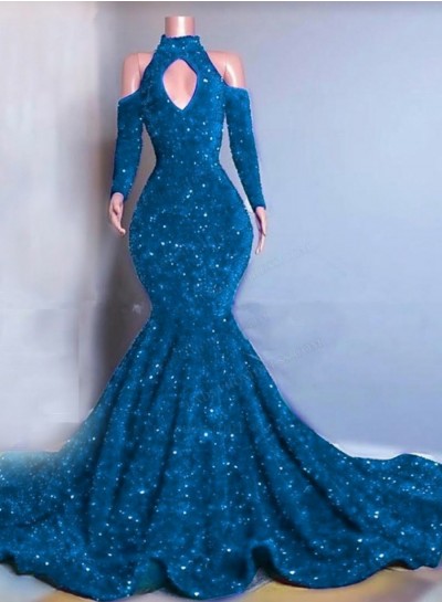 Blue Long Sleeves Mermaid Sequins Prom Dresses 2025