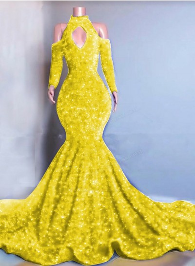 Daffodil Long Sleeves Mermaid Sequins Prom Dresses 2025