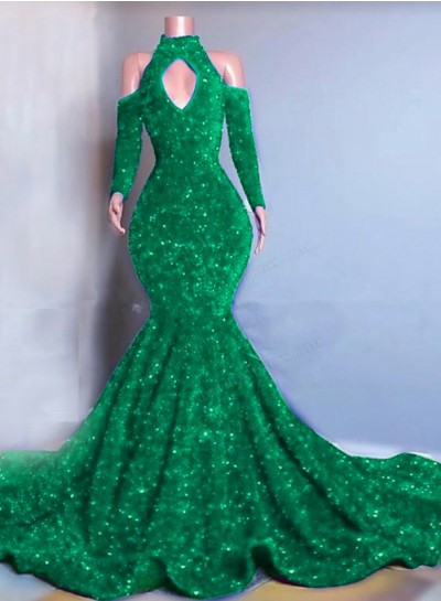Emerald Long Sleeves Mermaid Sequins Prom Dresses 2025