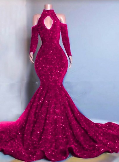 Fuchsia Long Sleeves Mermaid Sequins Prom Dresses 2025