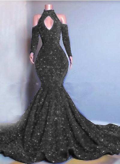Grey Long Sleeves Mermaid Sequins Prom Dresses 2025