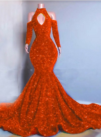 Orange Long Sleeves Mermaid Sequins Prom Dresses 2025