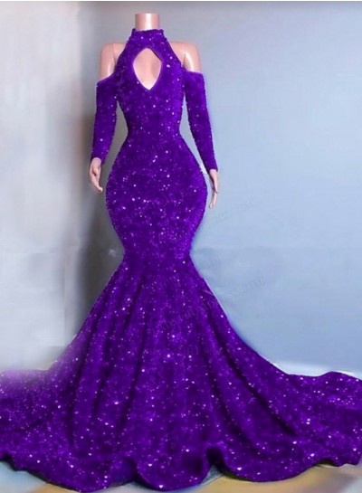 Purple Long Sleeves Mermaid Sequins Prom Dresses 2025