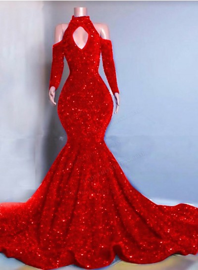 Red Long Sleeves Mermaid Sequins Prom Dresses 2025