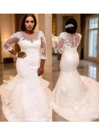 2025 Long Sleeves Mermaid/Trumpet Round Neck Plus Size Wedding Dresses / Bridal Gowns