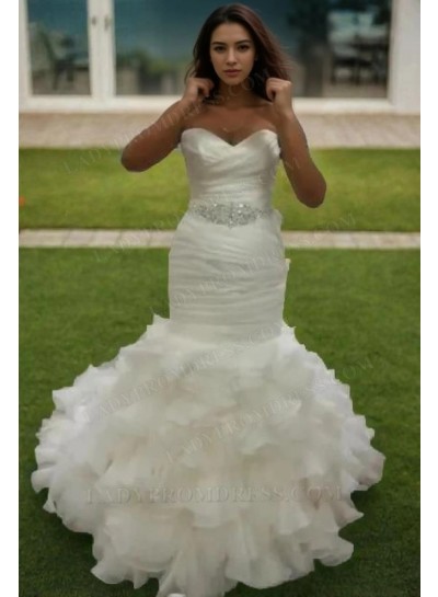 Alluring Mermaid Sweetheart Organza Beaded Belt Ruffles 2025 Wedding Dresses