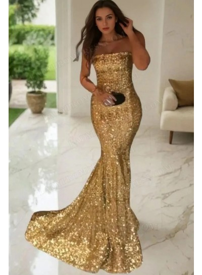 2025 Gorgeous Gold Sequins Mermaid Prom Dresses