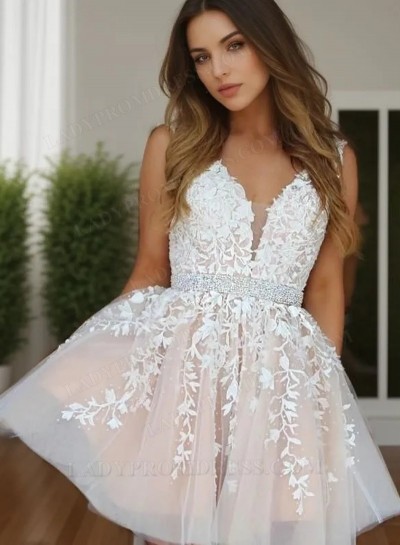 2025 A-Line/Princess V Neck Sleeveless Applique Beading Tulle Cut Short/Mini Homecoming Dresses